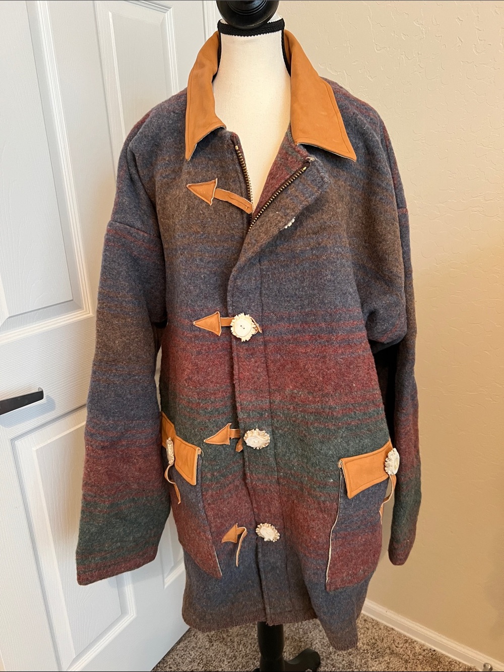 Men's  Wool Blend Heritage Coat with Tan Leather Trim - Multi-Color
